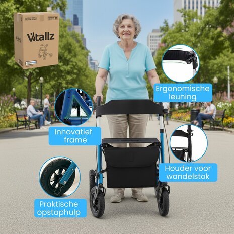 Rollator Lichtgewicht en Opvouwbaar - Met Luchtbanden, Ergonomische Zitting en Wandelstokhouder - Voor Binnen en Buiten - Blauw