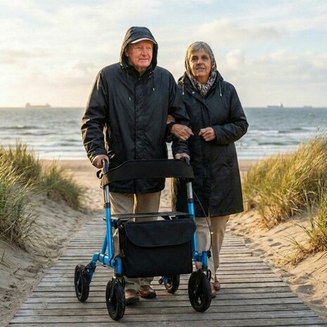 Rollator Lichtgewicht en Opvouwbaar - Met Luchtbanden, Ergonomische Zitting en Wandelstokhouder - Voor Binnen en Buiten - Blauw