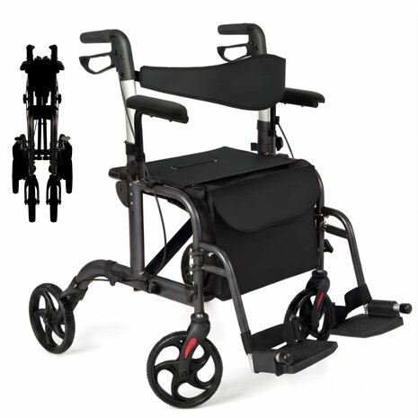 Rollator Lichtgewicht en Opvouwbaar &ndash; Rolstoel &ndash; 2 in 1 - Ergonomische Zitting en Wandelstokhouder - Voor Binnen en Buiten - Zwart
