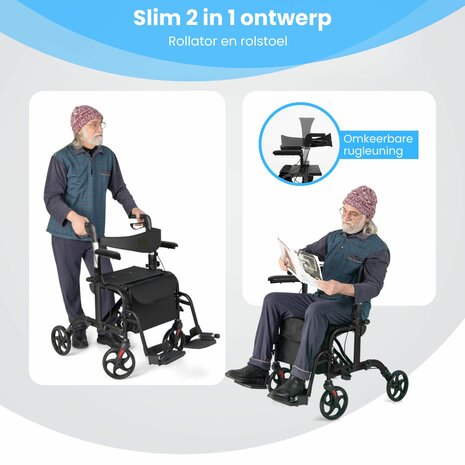 Rollator Lichtgewicht en Opvouwbaar &ndash; Rolstoel &ndash; 2 in 1 - Ergonomische Zitting en Wandelstokhouder - Voor Binnen en Buiten - Zwart