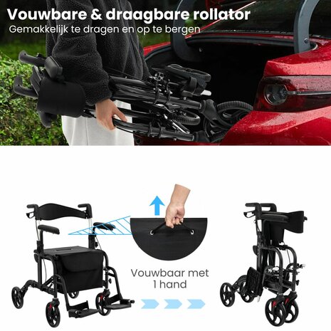 Rollator Lichtgewicht en Opvouwbaar &ndash; Rolstoel &ndash; 2 in 1 - Ergonomische Zitting en Wandelstokhouder - Voor Binnen en Buiten - Zwart