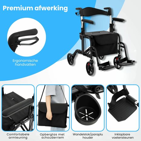 Rollator Lichtgewicht en Opvouwbaar &ndash; Rolstoel &ndash; 2 in 1 - Ergonomische Zitting en Wandelstokhouder - Voor Binnen en Buiten - Zwart