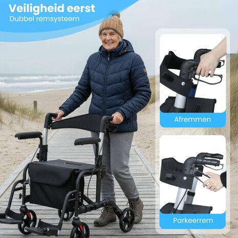 Rollator Lichtgewicht en Opvouwbaar &ndash; Rolstoel &ndash; 2 in 1 - Ergonomische Zitting en Wandelstokhouder - Voor Binnen en Buiten - Zwart