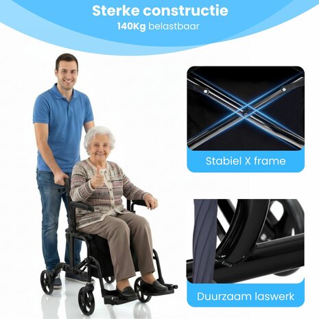Rollator Lichtgewicht en Opvouwbaar &ndash; Rolstoel &ndash; 2 in 1 - Ergonomische Zitting en Wandelstokhouder - Voor Binnen en Buiten - Zwart