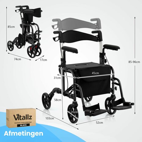 Rollator Lichtgewicht en Opvouwbaar &ndash; Rolstoel &ndash; 2 in 1 - Ergonomische Zitting en Wandelstokhouder - Voor Binnen en Buiten - Zwart