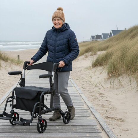 Rollator Lichtgewicht en Opvouwbaar &ndash; Rolstoel &ndash; 2 in 1 - Ergonomische Zitting en Wandelstokhouder - Voor Binnen en Buiten - Zwart