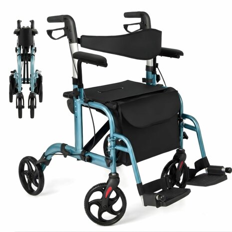 Rollator Lichtgewicht en Opvouwbaar &ndash; Rolstoel &ndash; 2 in 1 - Ergonomische Zitting en Wandelstokhouder - Voor Binnen en Buiten - Blauw