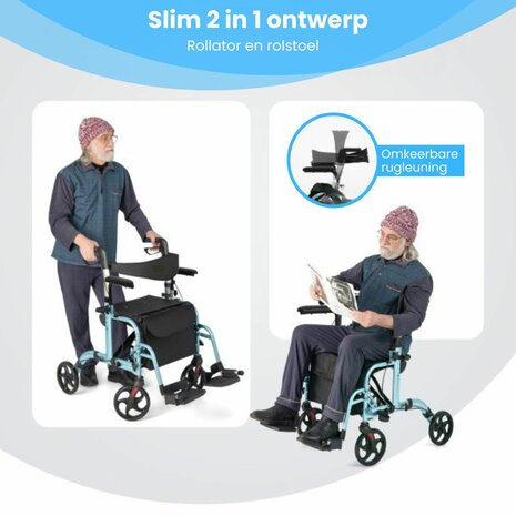 Rollator Lichtgewicht en Opvouwbaar &ndash; Rolstoel &ndash; 2 in 1 - Ergonomische Zitting en Wandelstokhouder - Voor Binnen en Buiten - Blauw