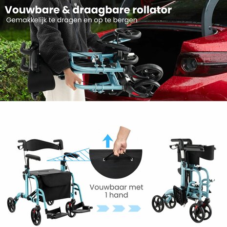 Rollator Lichtgewicht en Opvouwbaar &ndash; Rolstoel &ndash; 2 in 1 - Ergonomische Zitting en Wandelstokhouder - Voor Binnen en Buiten - Blauw