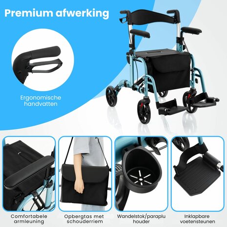 Rollator Lichtgewicht en Opvouwbaar &ndash; Rolstoel &ndash; 2 in 1 - Ergonomische Zitting en Wandelstokhouder - Voor Binnen en Buiten - Blauw