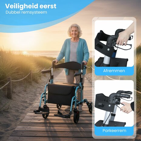 Rollator Lichtgewicht en Opvouwbaar &ndash; Rolstoel &ndash; 2 in 1 - Ergonomische Zitting en Wandelstokhouder - Voor Binnen en Buiten - Blauw
