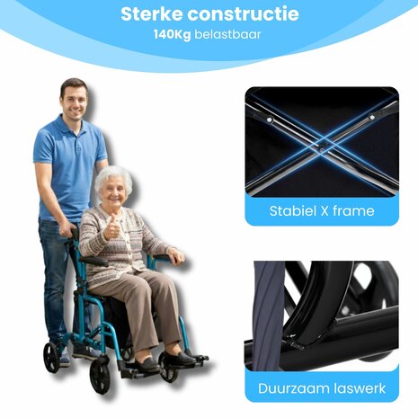 Rollator Lichtgewicht en Opvouwbaar &ndash; Rolstoel &ndash; 2 in 1 - Ergonomische Zitting en Wandelstokhouder - Voor Binnen en Buiten - Blauw
