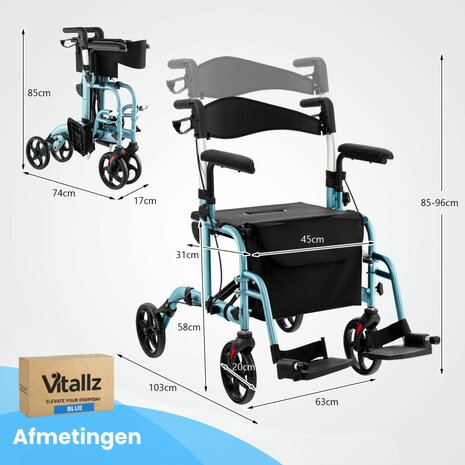 Rollator Lichtgewicht en Opvouwbaar &ndash; Rolstoel &ndash; 2 in 1 - Ergonomische Zitting en Wandelstokhouder - Voor Binnen en Buiten - Blauw