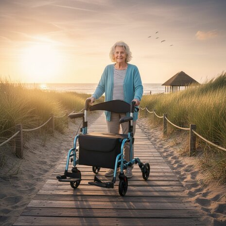 Rollator Lichtgewicht en Opvouwbaar &ndash; Rolstoel &ndash; 2 in 1 - Ergonomische Zitting en Wandelstokhouder - Voor Binnen en Buiten - Blauw