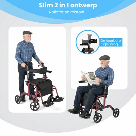 Rollator Lichtgewicht en Opvouwbaar &ndash; Rolstoel &ndash; 2 in 1 - Ergonomische Zitting en Wandelstokhouder - Voor Binnen en Buiten - Rood