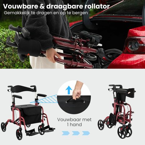 Rollator Lichtgewicht en Opvouwbaar &ndash; Rolstoel &ndash; 2 in 1 - Ergonomische Zitting en Wandelstokhouder - Voor Binnen en Buiten - Rood