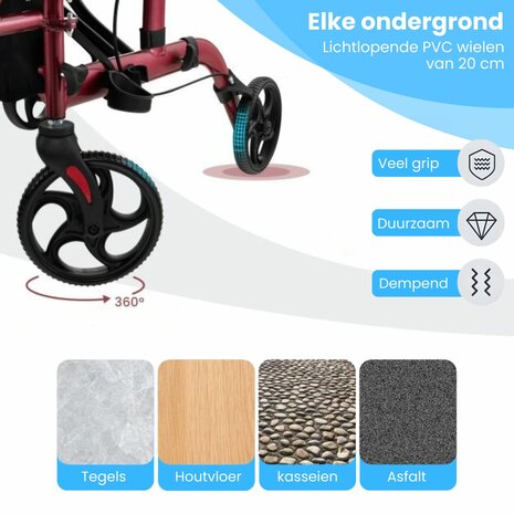 Rollator Lichtgewicht en Opvouwbaar &ndash; Rolstoel &ndash; 2 in 1 - Ergonomische Zitting en Wandelstokhouder - Voor Binnen en Buiten - Rood