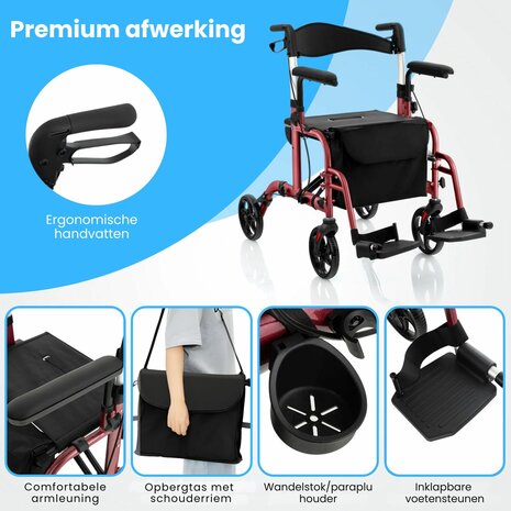 Rollator Lichtgewicht en Opvouwbaar &ndash; Rolstoel &ndash; 2 in 1 - Ergonomische Zitting en Wandelstokhouder - Voor Binnen en Buiten - Rood