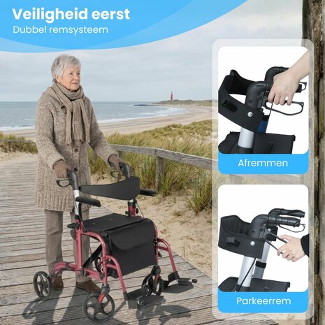 Rollator Lichtgewicht en Opvouwbaar &ndash; Rolstoel &ndash; 2 in 1 - Ergonomische Zitting en Wandelstokhouder - Voor Binnen en Buiten - Rood