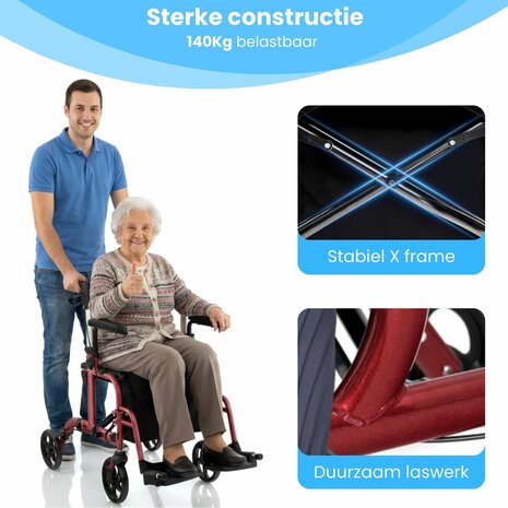 Rollator Lichtgewicht en Opvouwbaar &ndash; Rolstoel &ndash; 2 in 1 - Ergonomische Zitting en Wandelstokhouder - Voor Binnen en Buiten - Rood