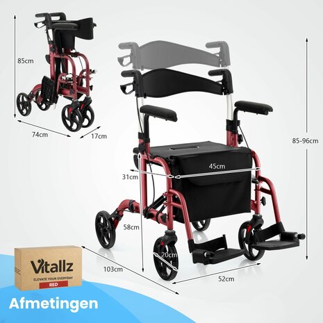 Rollator Lichtgewicht en Opvouwbaar &ndash; Rolstoel &ndash; 2 in 1 - Ergonomische Zitting en Wandelstokhouder - Voor Binnen en Buiten - Rood