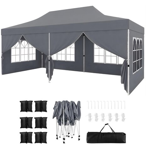 Partytent Opvouwbaar - 6x3m - Met Zijwanden &ndash; Met zandzakken - Paviljoen - Easy Up partytent &ndash; Tuinpaviljoen &ndash; Waterafstotend - Grijs