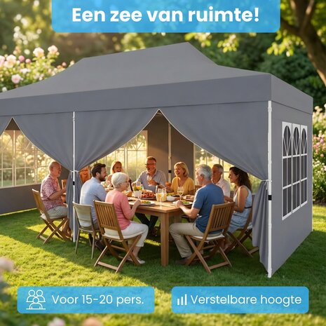 Partytent Opvouwbaar - 6x3m - Met Zijwanden &ndash; Met zandzakken - Paviljoen - Easy Up partytent &ndash; Tuinpaviljoen &ndash; Waterafstotend - Grijs