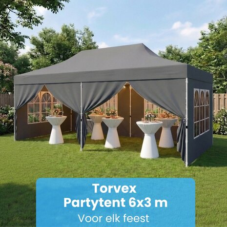 Partytent Opvouwbaar - 6x3m - Met Zijwanden &ndash; Met zandzakken - Paviljoen - Easy Up partytent &ndash; Tuinpaviljoen &ndash; Waterafstotend - Grijs