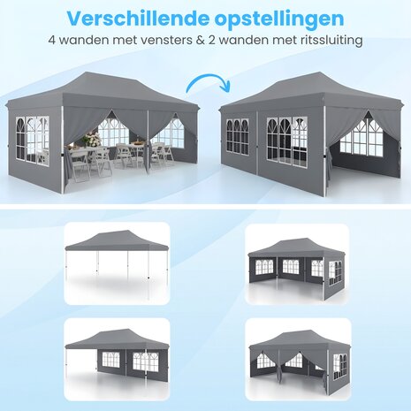 Partytent Opvouwbaar - 6x3m - Met Zijwanden &ndash; Met zandzakken - Paviljoen - Easy Up partytent &ndash; Tuinpaviljoen &ndash; Waterafstotend - Grijs