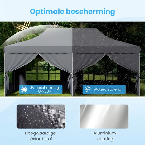 Partytent Opvouwbaar - 6x3m - Met Zijwanden &ndash; Met zandzakken - Paviljoen - Easy Up partytent &ndash; Tuinpaviljoen &ndash; Waterafstotend - Grijs