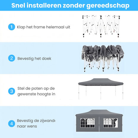 Partytent Opvouwbaar - 6x3m - Met Zijwanden &ndash; Met zandzakken - Paviljoen - Easy Up partytent &ndash; Tuinpaviljoen &ndash; Waterafstotend - Grijs