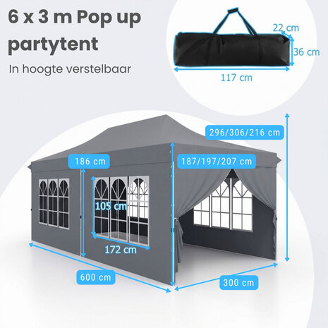 Partytent Opvouwbaar - 6x3m - Met Zijwanden &ndash; Met zandzakken - Paviljoen - Easy Up partytent &ndash; Tuinpaviljoen &ndash; Waterafstotend - Grijs