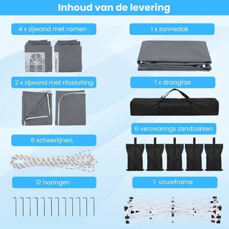 Partytent Opvouwbaar - 6x3m - Met Zijwanden &ndash; Met zandzakken - Paviljoen - Easy Up partytent &ndash; Tuinpaviljoen &ndash; Waterafstotend - Grijs