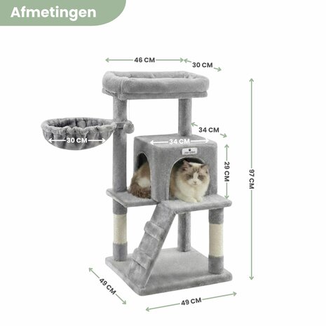 Krabpaal &ndash; Ook voor kittens en senior katten &ndash; Compact- Modern - Lichtgrijs &ndash; 49 x49 x 97 cm