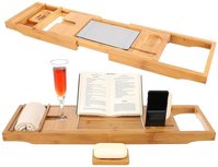 Badplank verstelbaar - bamboe badrek - houten badbrug met diverse houders hout Badplank verstelbaar - bamboe badrek - houten badbrug met diverse houders hout