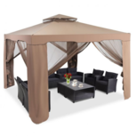 Tuinpaviljoen - Paviljoen - Partytent - Gazebo - 3x3m - 4 Mesh zijwanden - Bruin Tuinpaviljoen - Paviljoen - Partytent - Gazebo - 3x3m - 4 Mesh zijwanden - Bruin