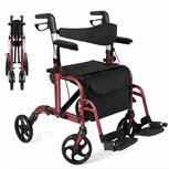 Rollator Lichtgewicht en Opvouwbaar – Rolstoel – 2 in 1 - Ergonomische Zitting en Wandelstokhouder - Voor Binnen en Buiten - Rood